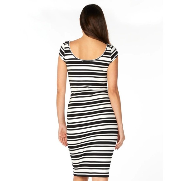 Soon Maternity Striped Cap Sleeve Ruched Bodycon Jersey Knit Dress Black White L - Picture 5 of 9